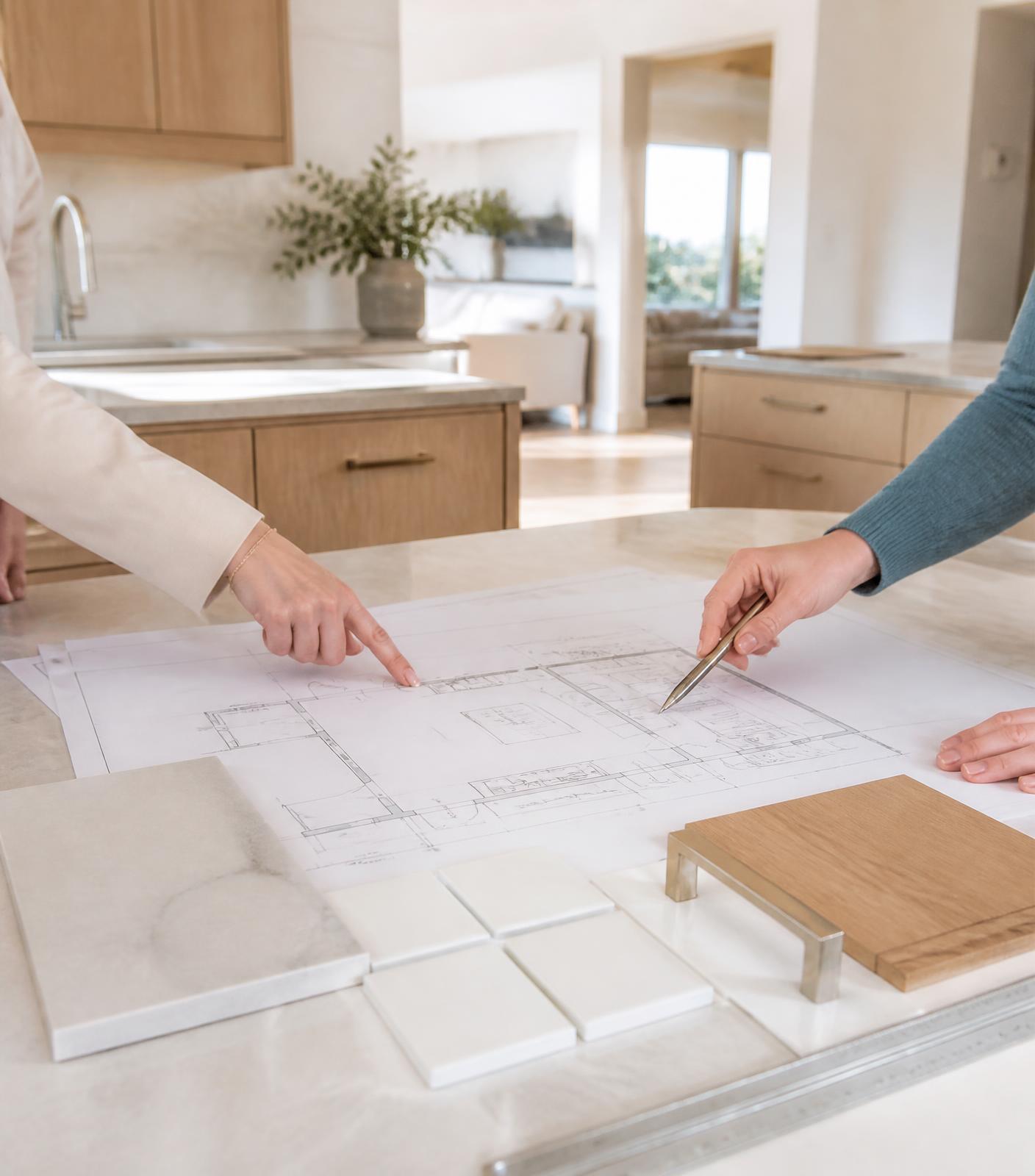 Kitchen renovation plans and finish samples being reviewed during a design consultation