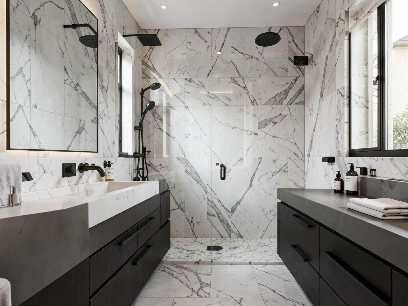 Renovated bathroom with large-format marble tile shower and floating vanity