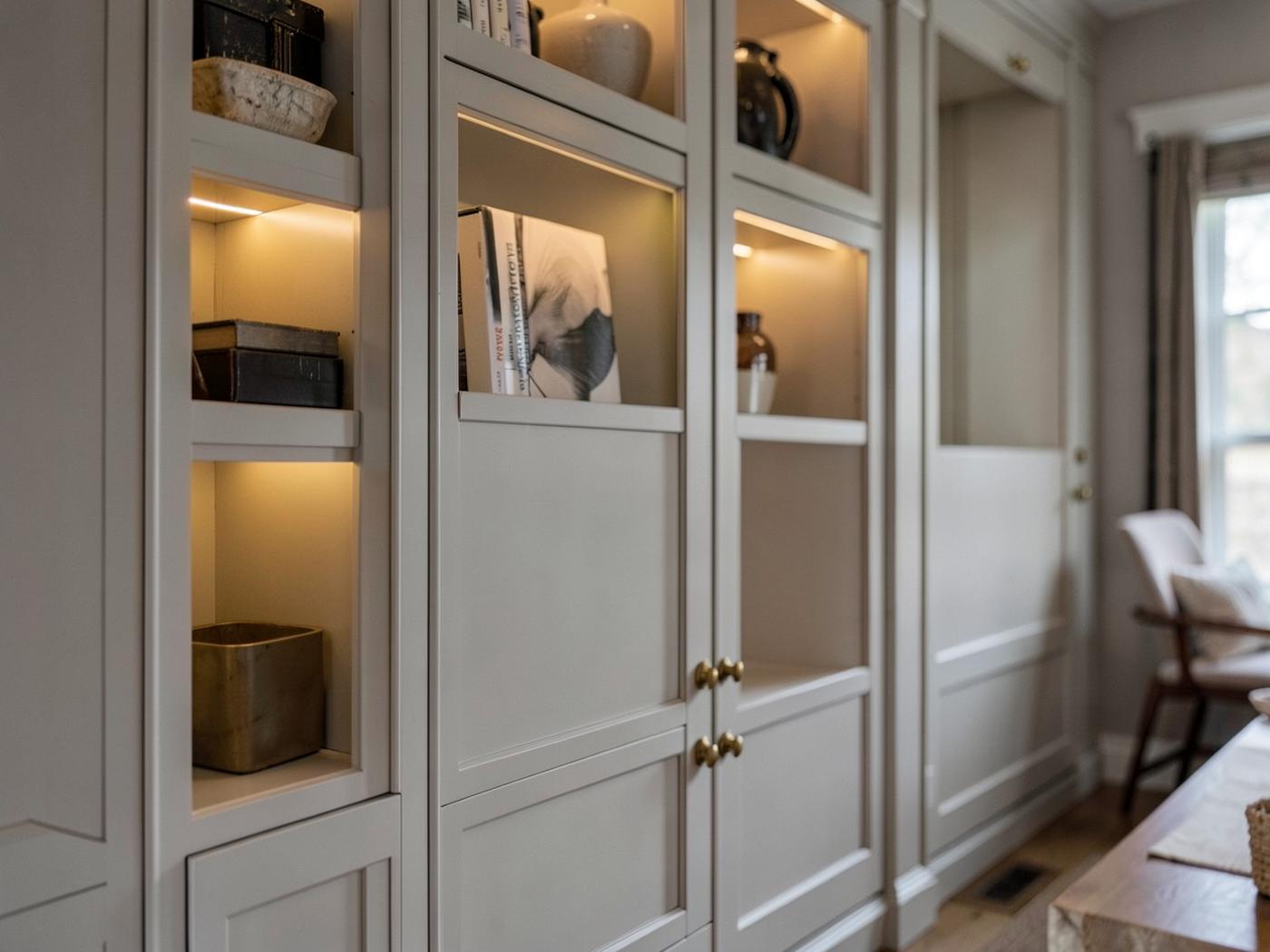 Custom painted built-in cabinetry with lit interior shelving and brass hardware