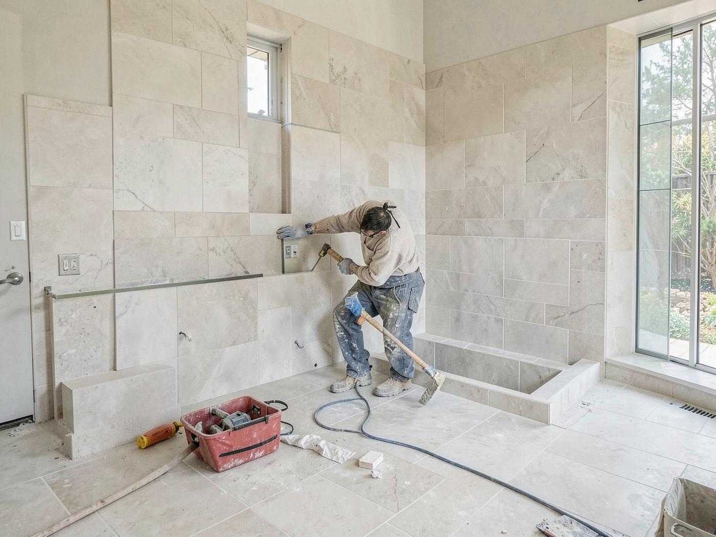 Tile and stone installation in progress during a bathroom renovation